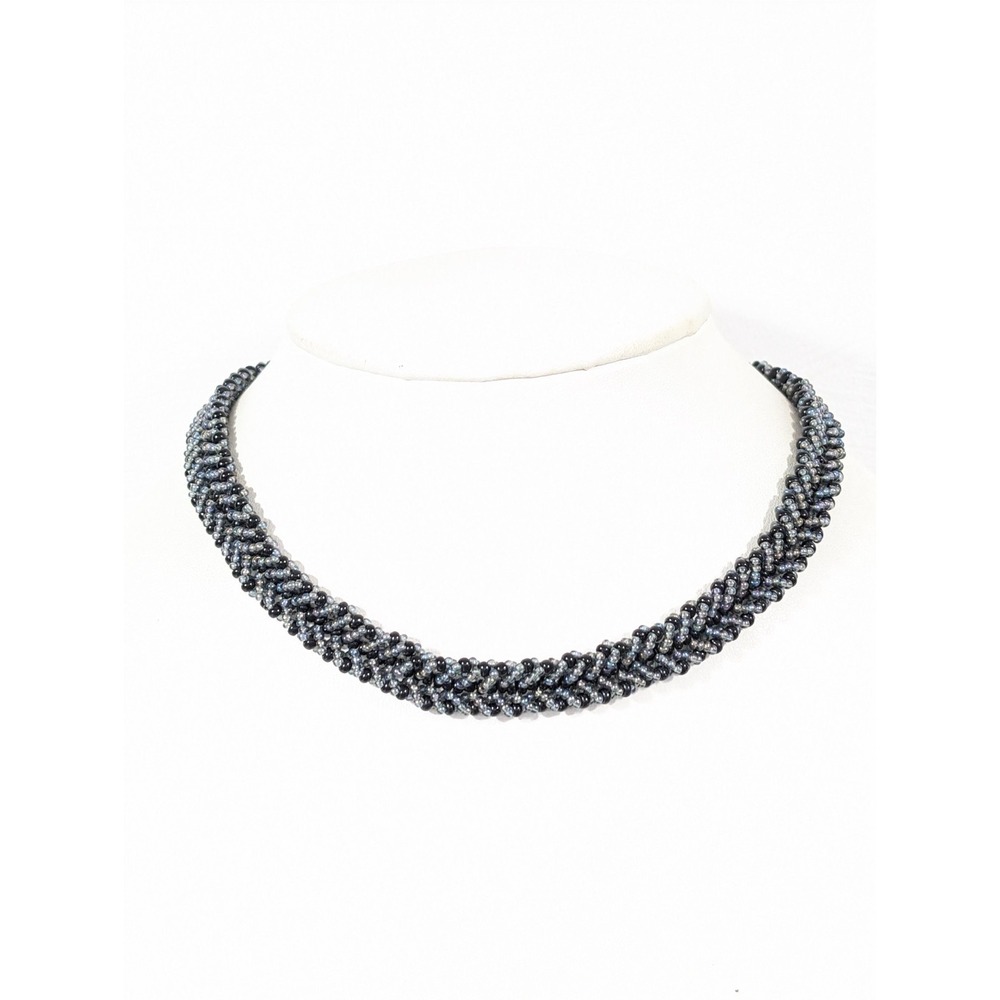 Gothic Beachy Black Glass Bead Woven Choker Necklace‎ Y2K 16"